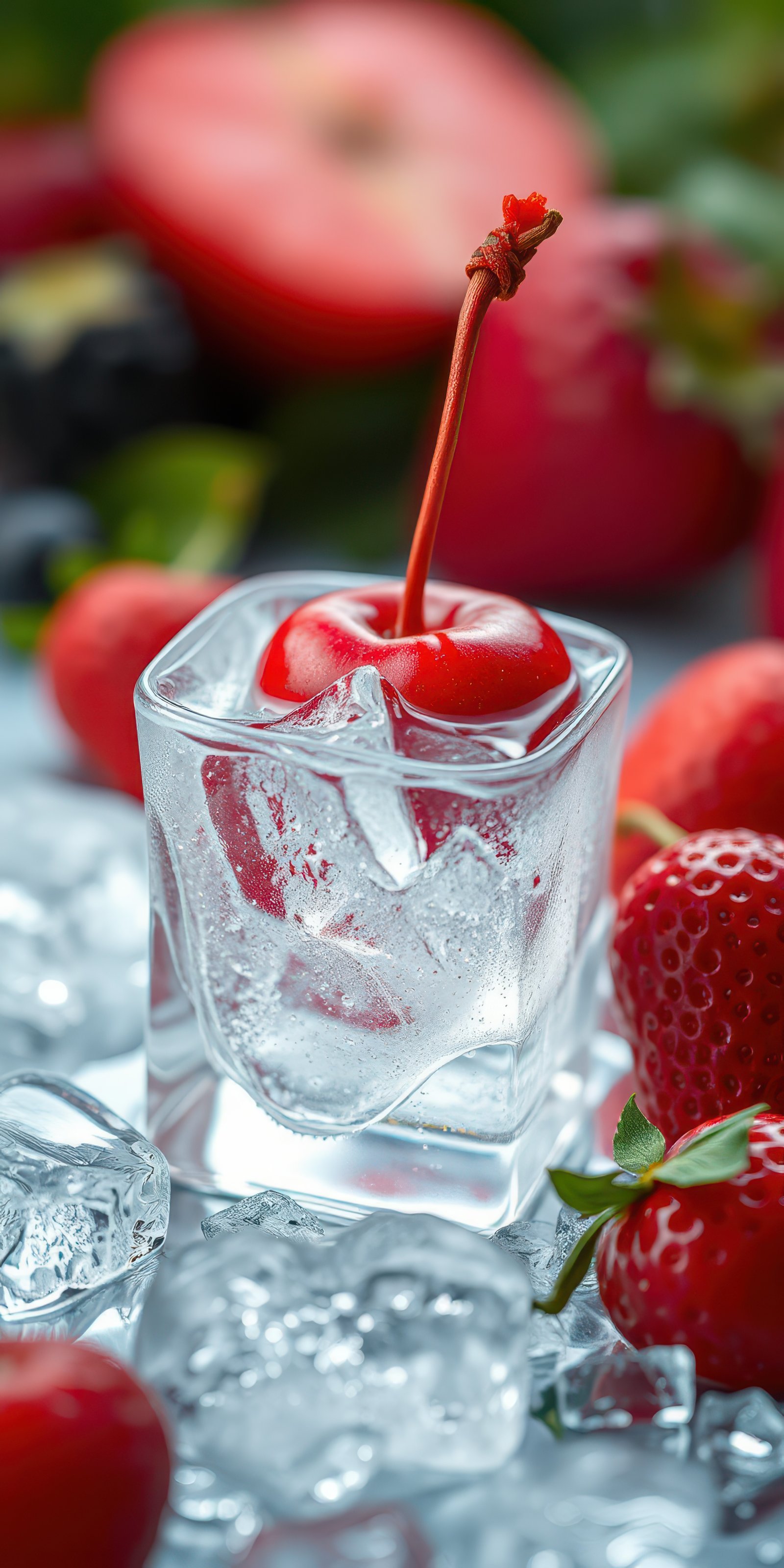 Red cherry resting on ice in a clear glass with fresh strawberries surrounding it in a vibrant setting